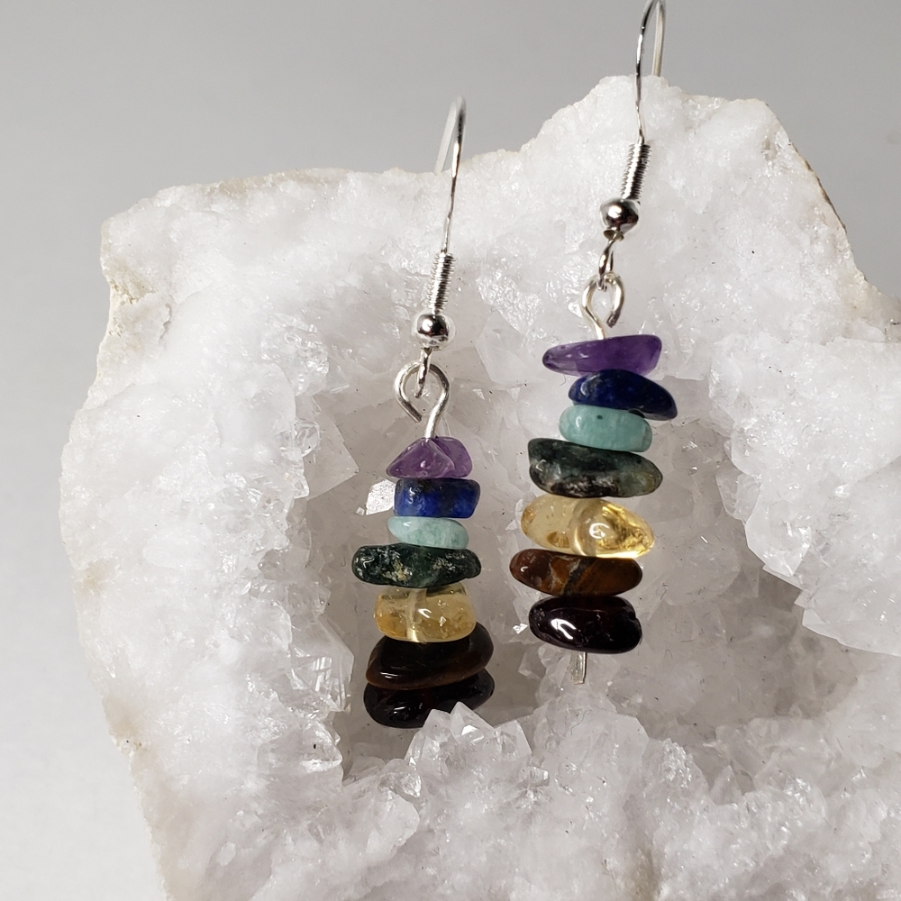 Chakra Sterling Silver Dangle Earrings, Natural Gemstones, Drop Earrings